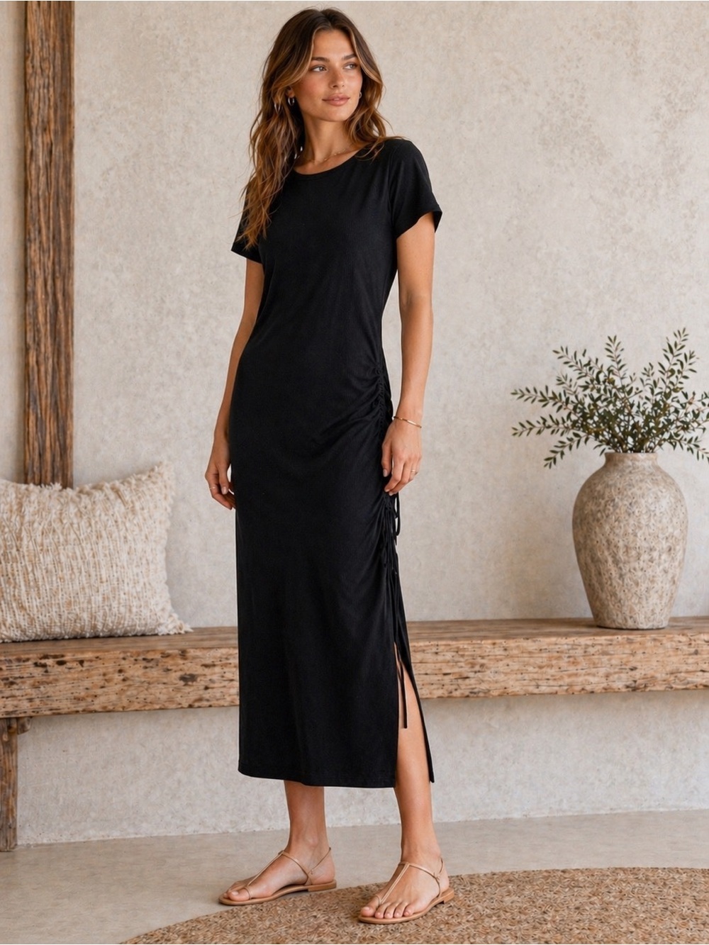 Line & Dot Ratha Ribbed Midi Dress Black Drawstring Side Slit Large - Picture 5 of 14